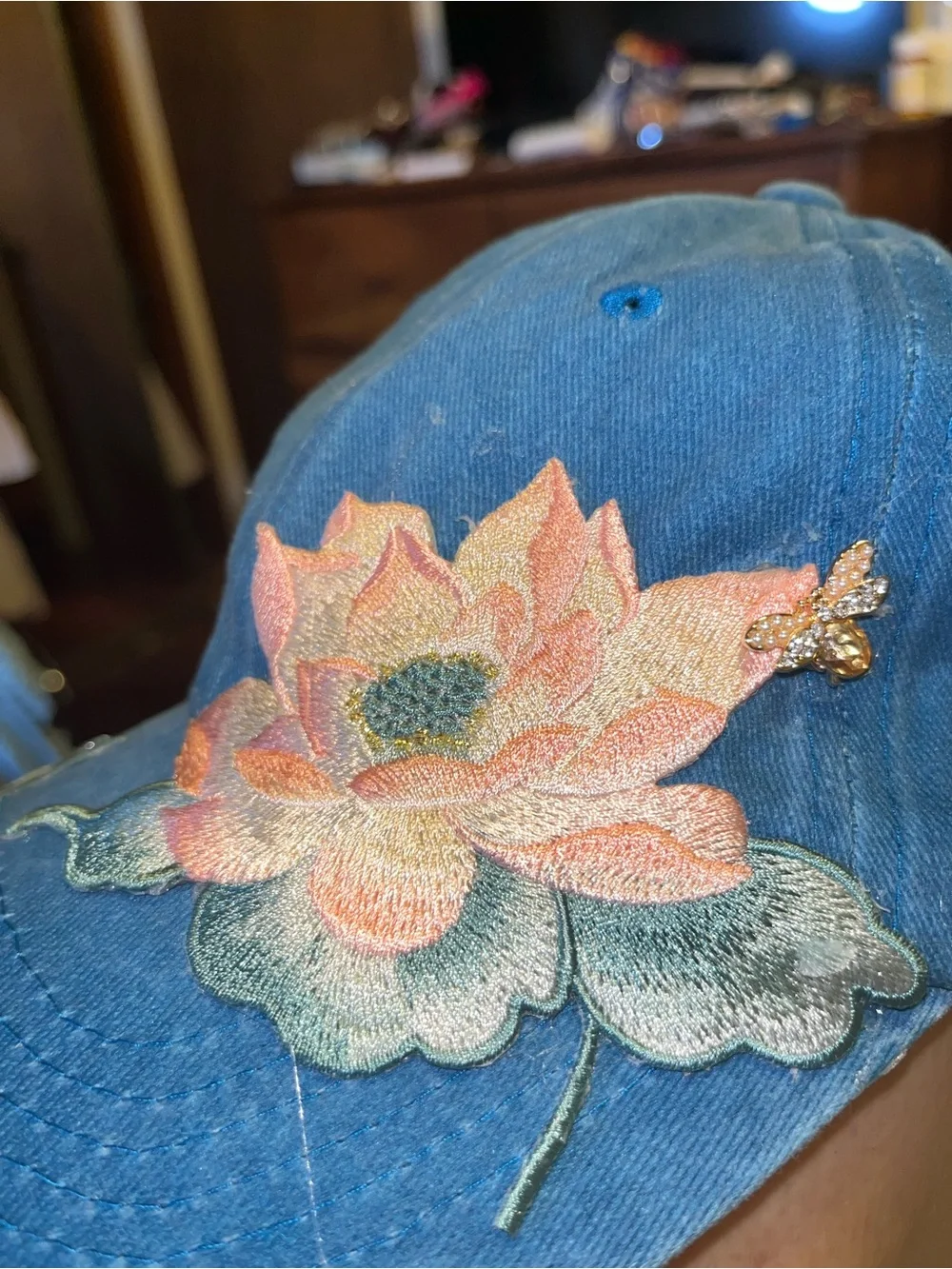 JAM Designs Blue Botanical Lotus & Butterfly Embellished Baseball Cap